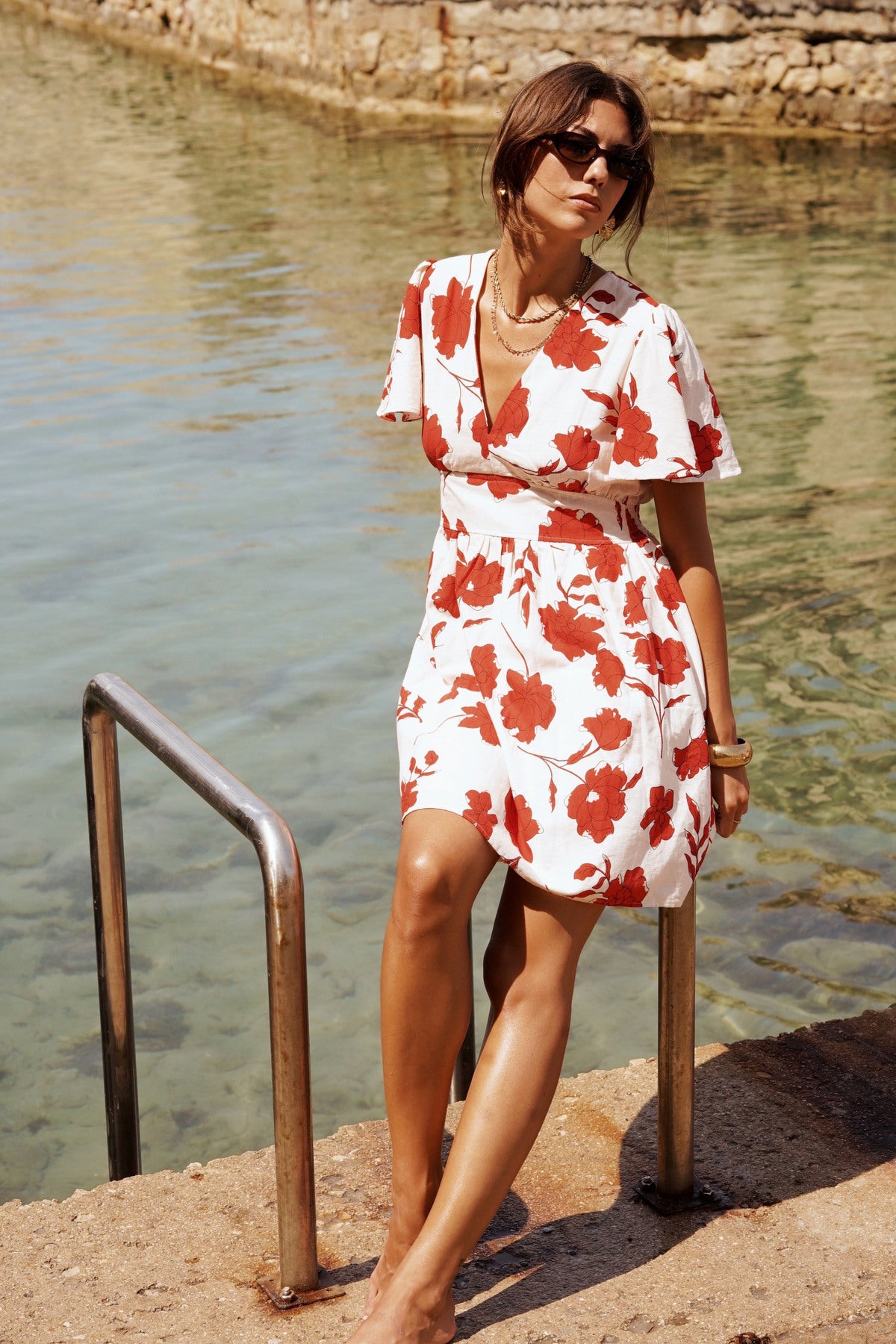Ladies Printed Red Flower Mini Dress-Front View