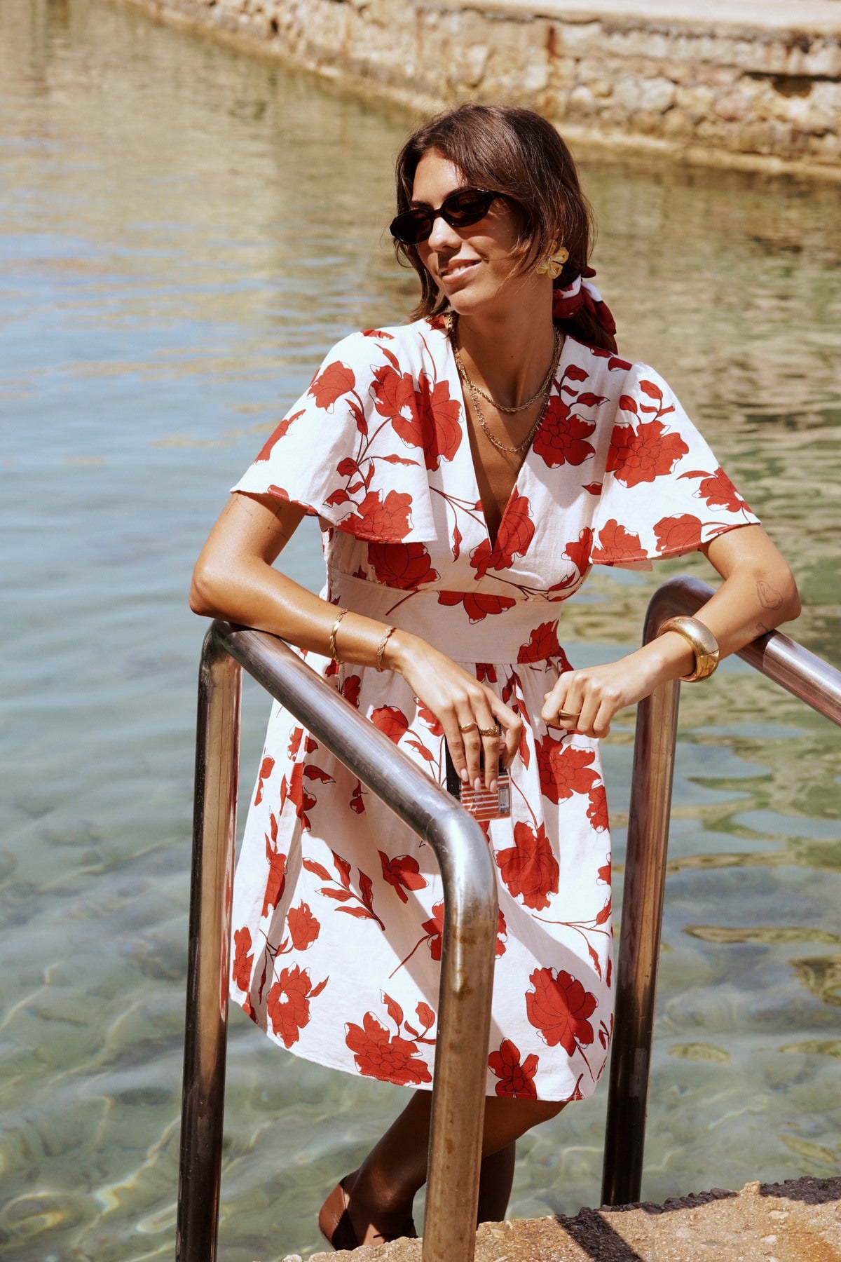 Ladies Printed Red Flower Mini Dress-Closer View of Dress