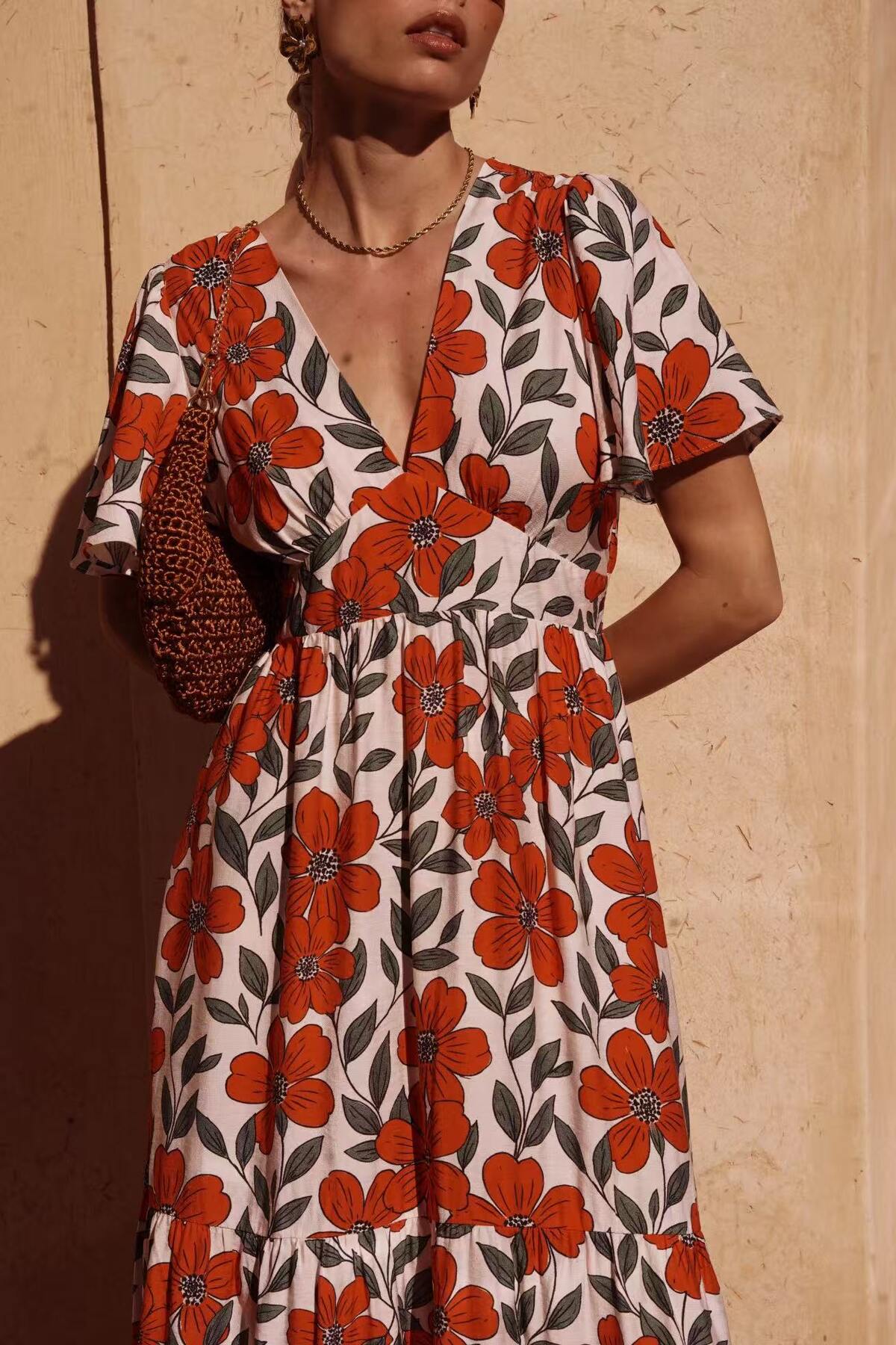 Ladies Maxi Red Floral Print Dress-Closer View of the Front