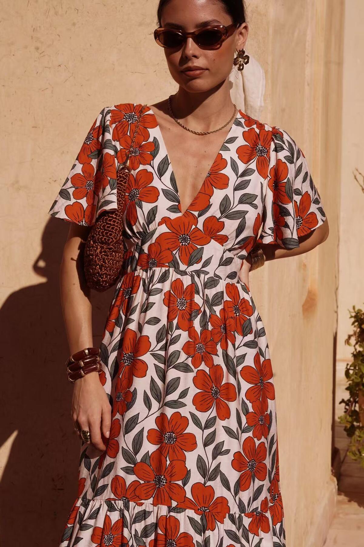 Paris Fashion Maxi Red Floral Print Dress RED side view