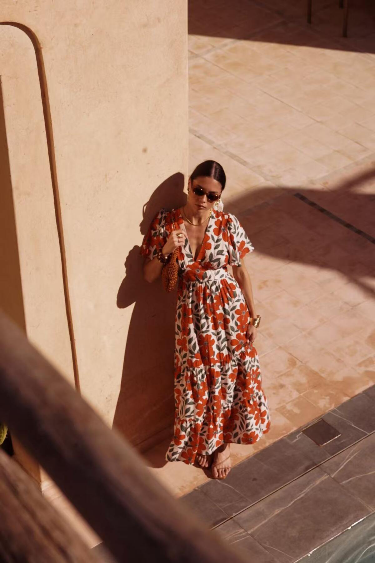 Paris Fashion Maxi Red Floral Print Dress RED detail view