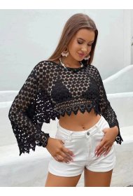 Ladies Black Lace Long Sleeve Top-Front View