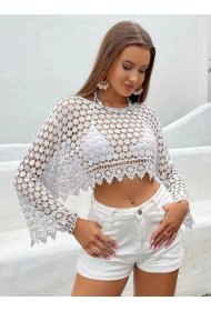 Ladies White Lace Long Sleeve Top-Front View