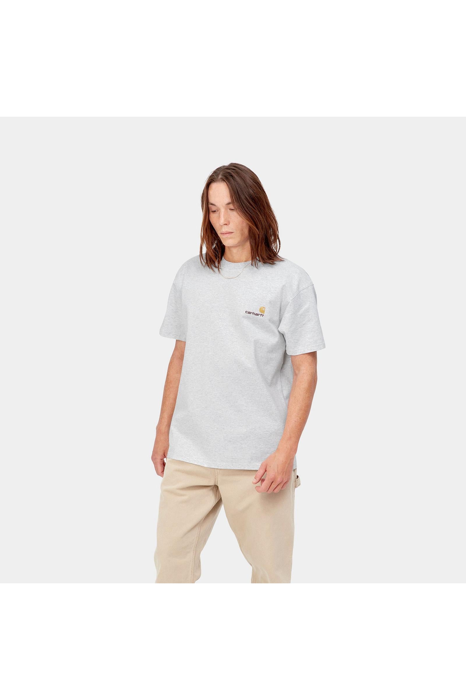 Men's Short Sleeve American Script T-Shirt-Ash Heather-Model Front View