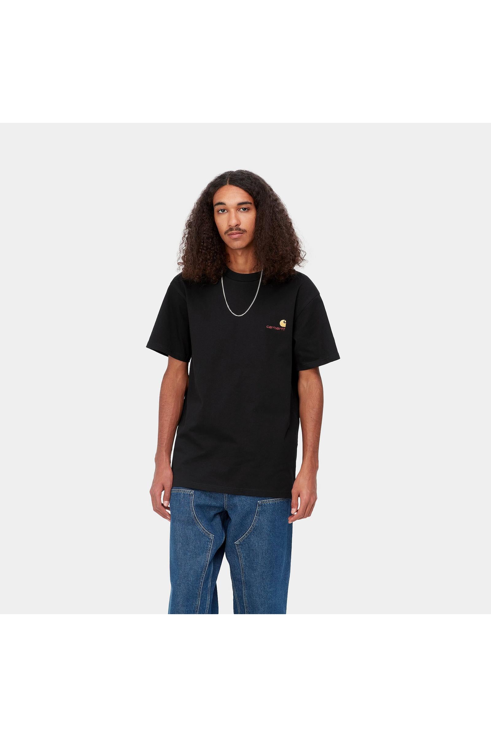 Men's Short Sleeve American Script T-Shirt-Black-Model Front View