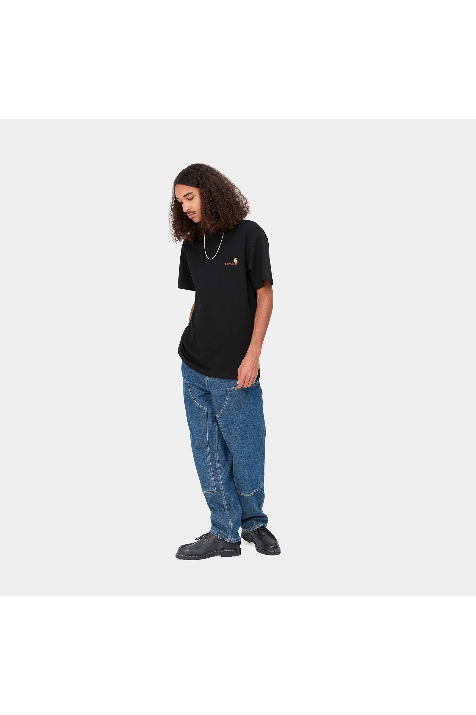 Men's Short Sleeve American Script T-Shirt-Black-Full Model Front View
