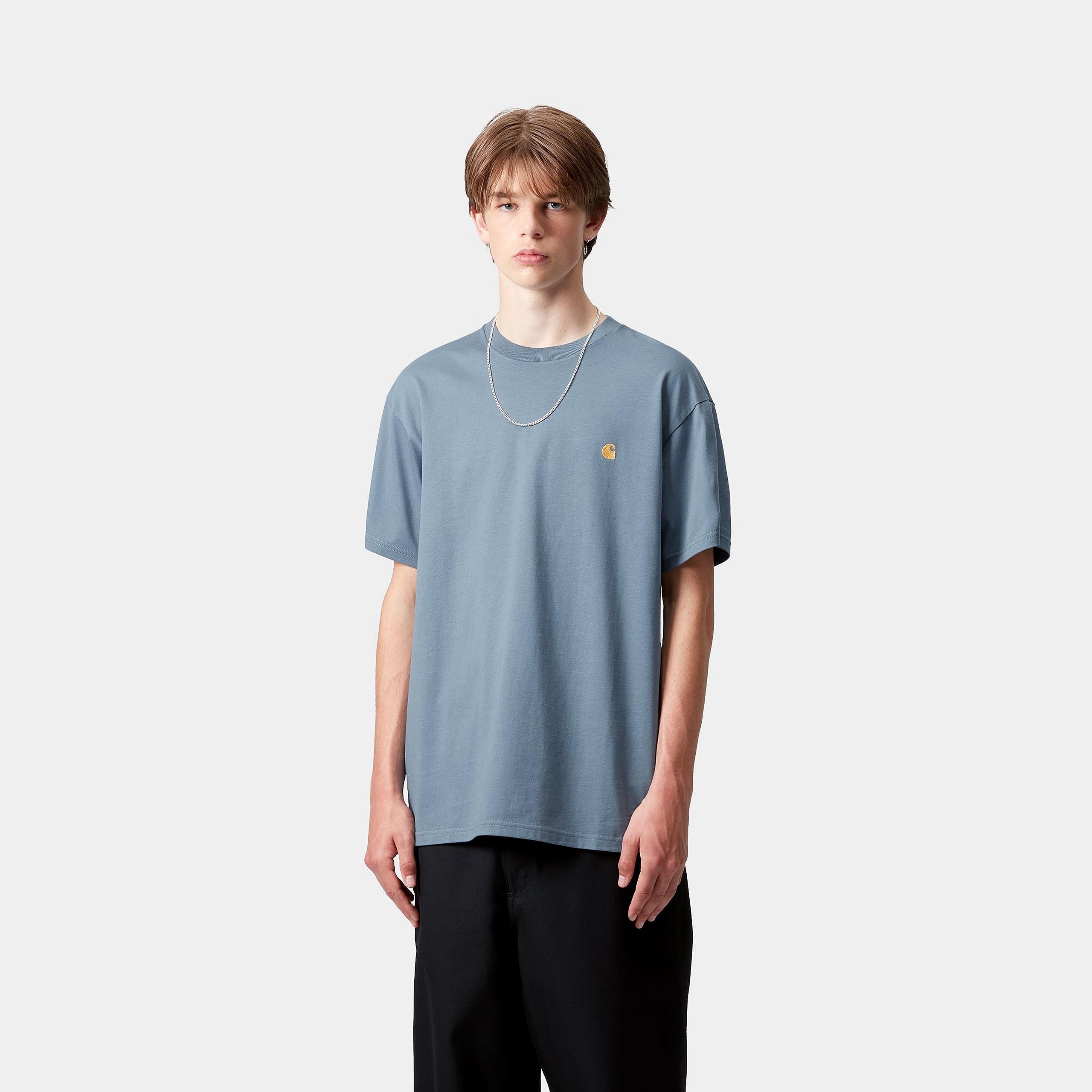 Person wearing a blue t-shirt with a small Carhartt logo on a white background