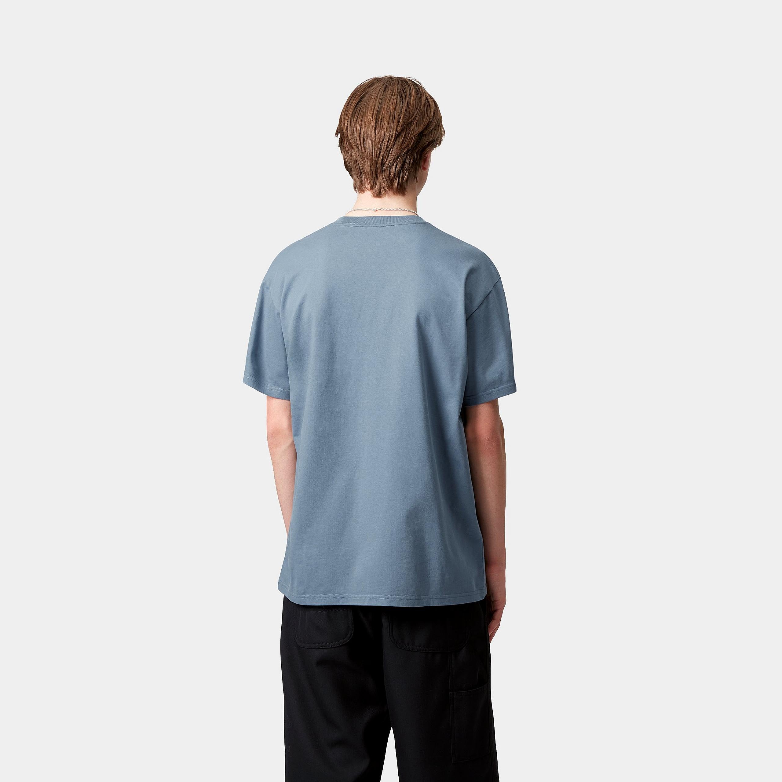 Person wearing a light blue t-shirt on a white background-Back view