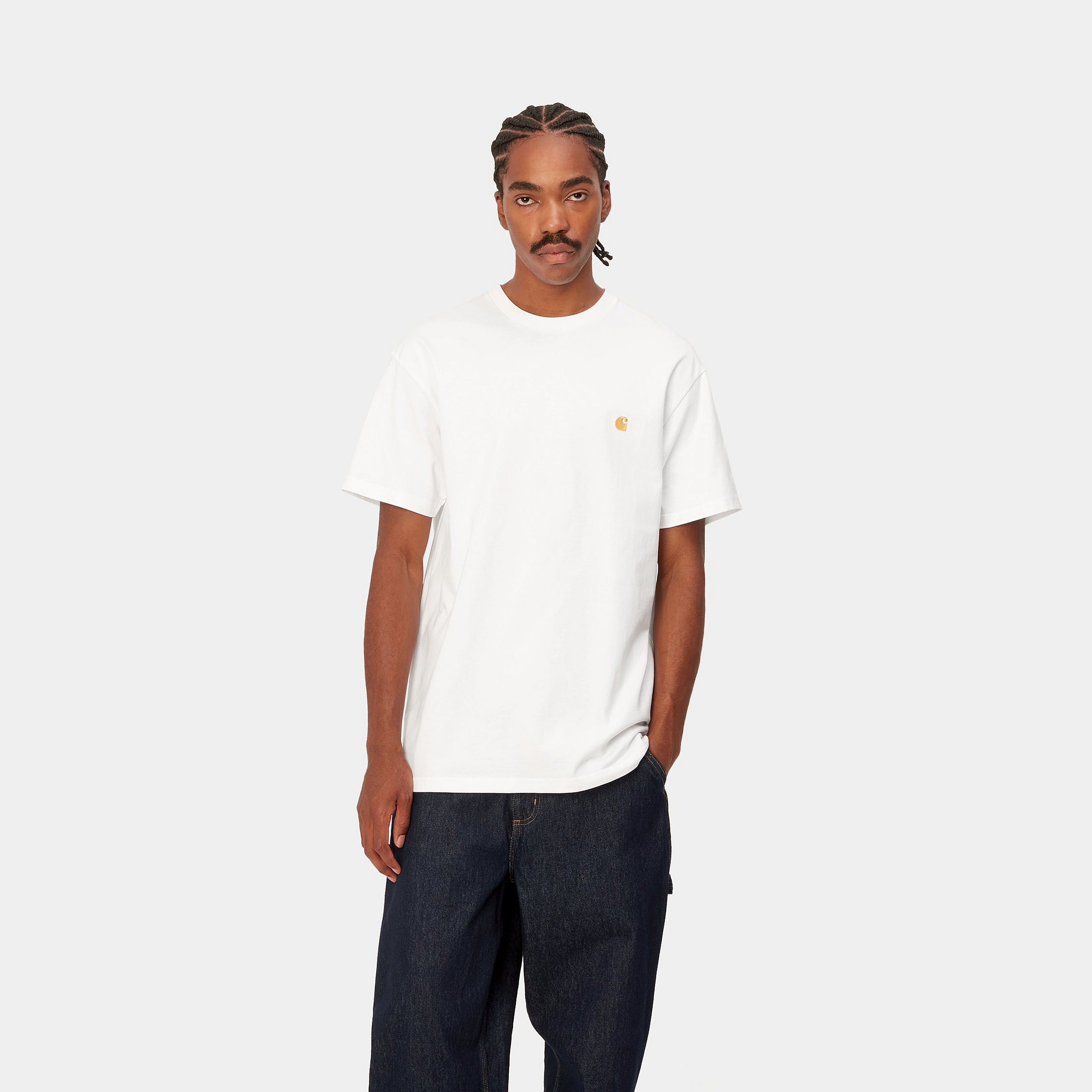 Men's Short Sleeve Chase T-Shirt-White / Gold-Model Full Front View