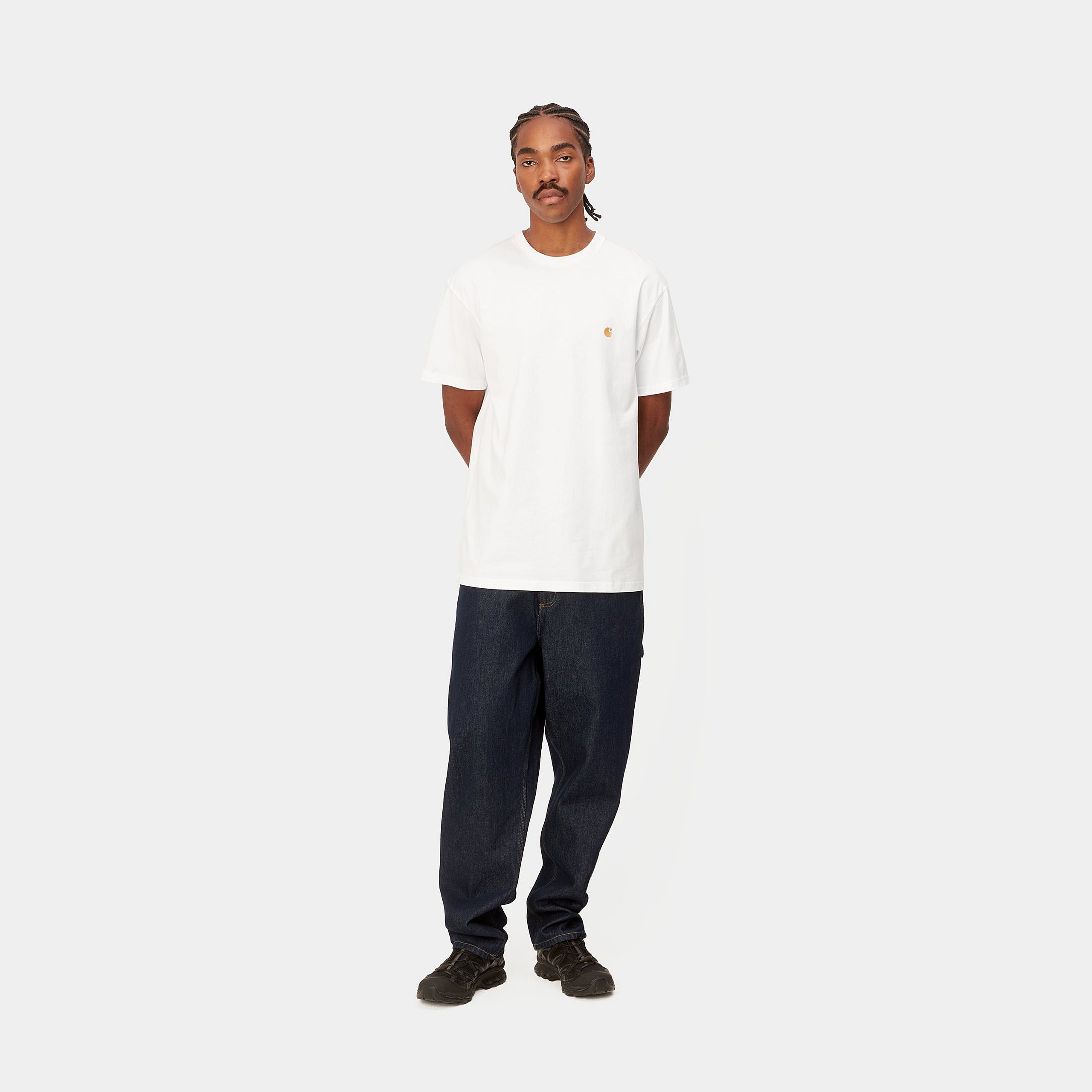 Men's Short Sleeve Chase T-Shirt-White / Gold-Model Full Front View
