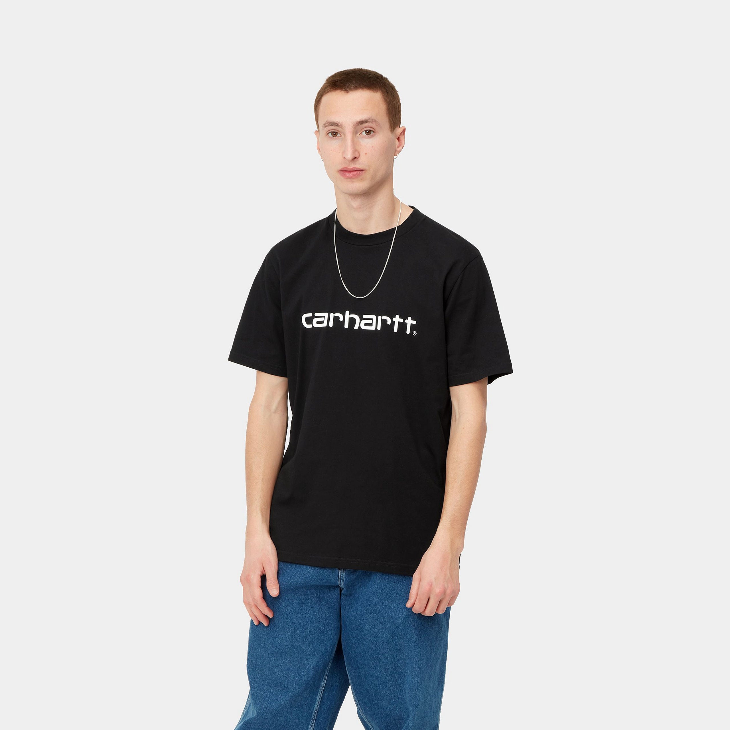 Men's Short Sleeve Script T-Shirt-Black / White-Model Front View