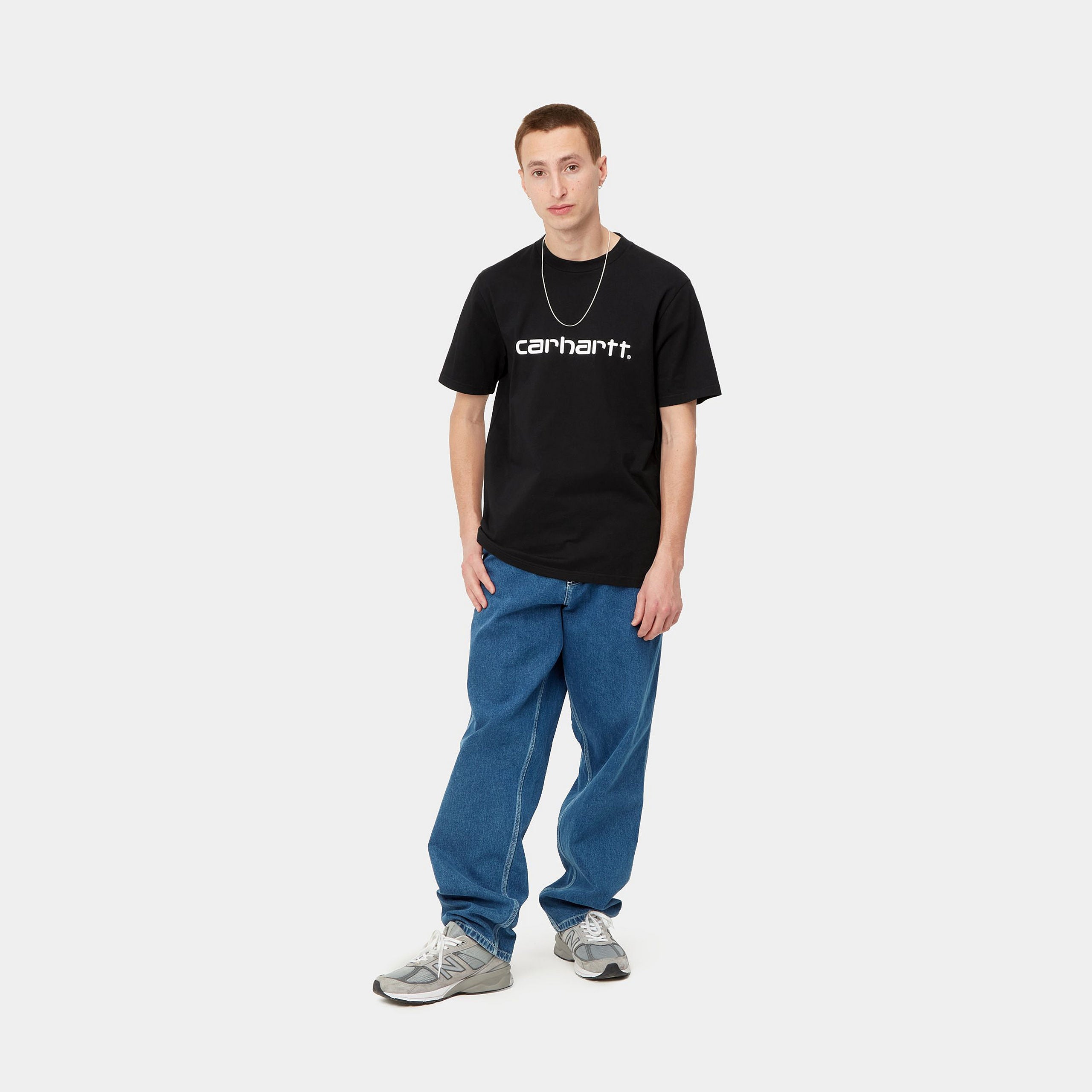 Men's Short Sleeve Script T-Shirt-Black / White-Model Full Front View