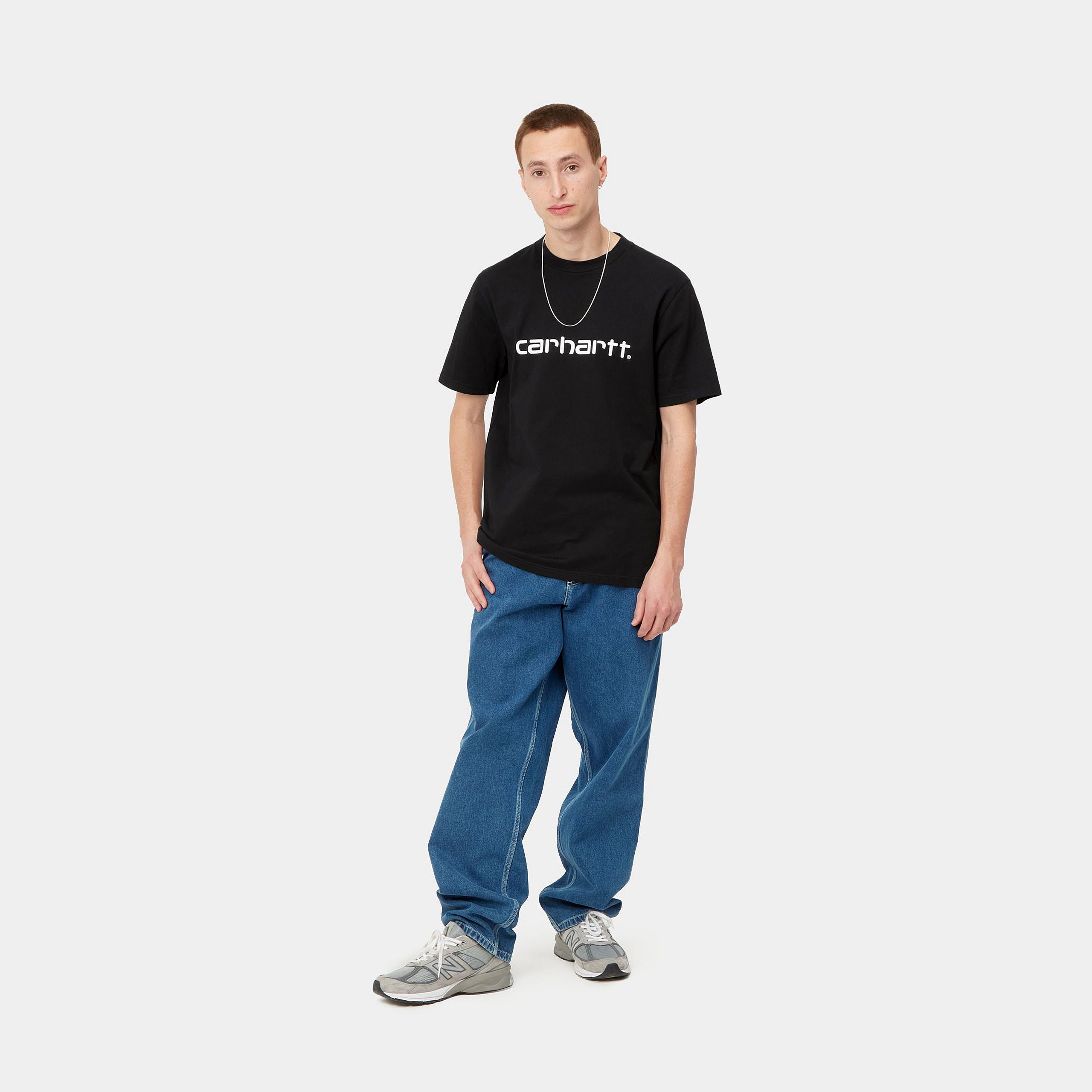 Carhartt WIP Short Sleeve Script T-Shirt-Black / White Black / White model front view