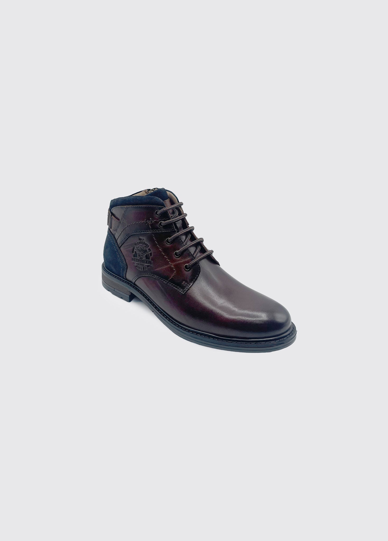Dark brown leather boot with blue accents on a light gray background