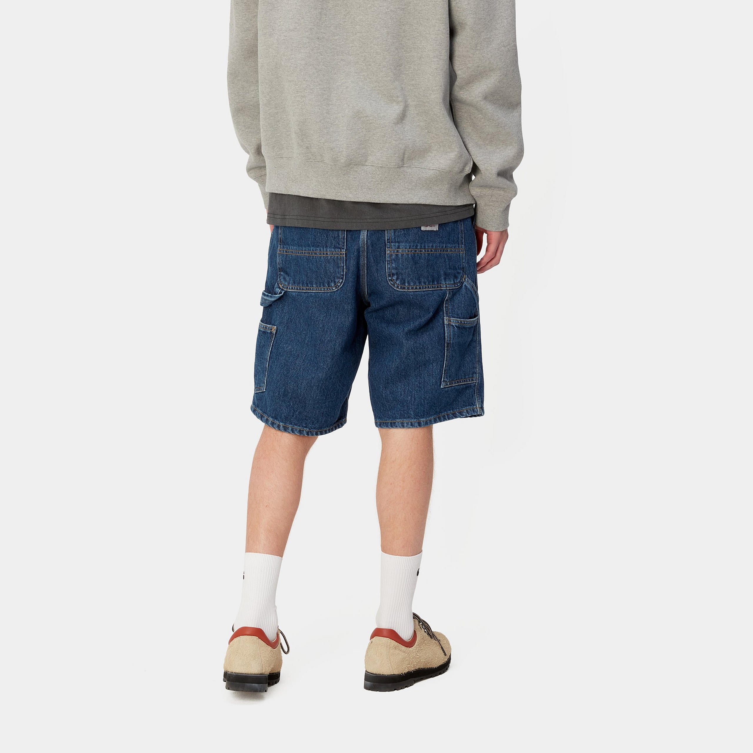 Carhartt WIP Single Knee Short-Blue Blue-Stone Washed model front view