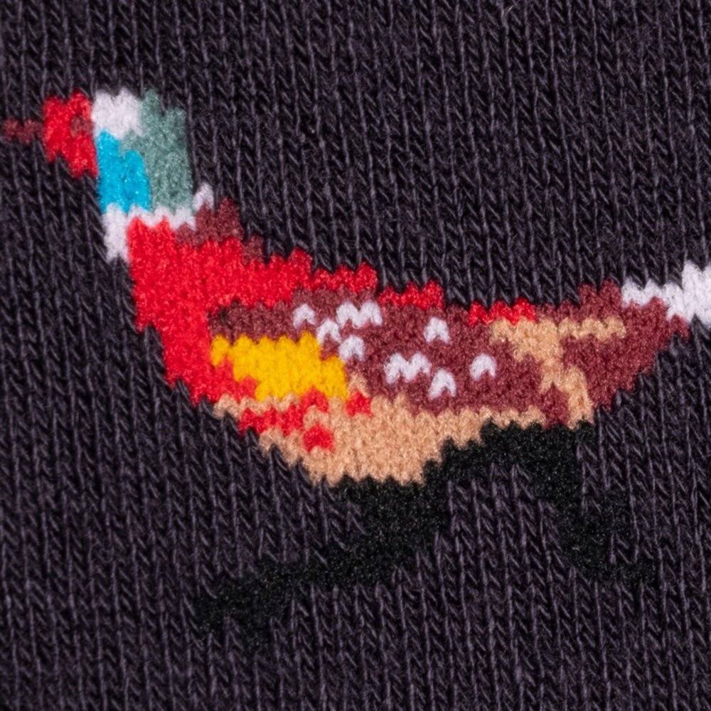 close up of pheasant design on navy bamboo socks