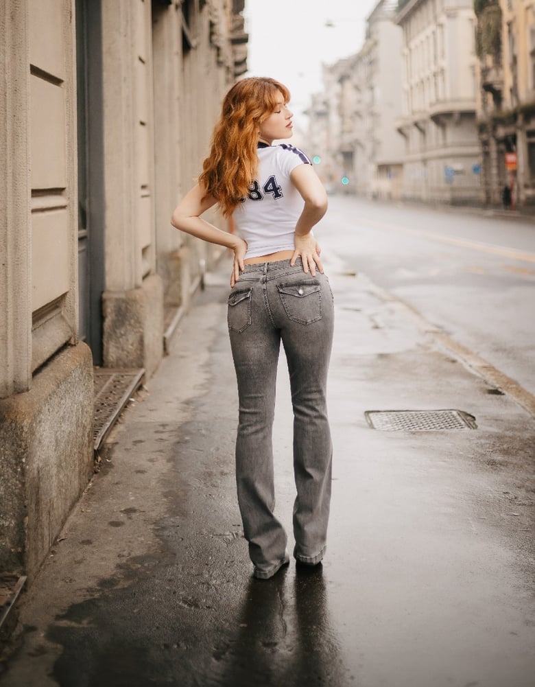 Ladies Grey Mid-Waist Bootcut Jeans-Model Back View