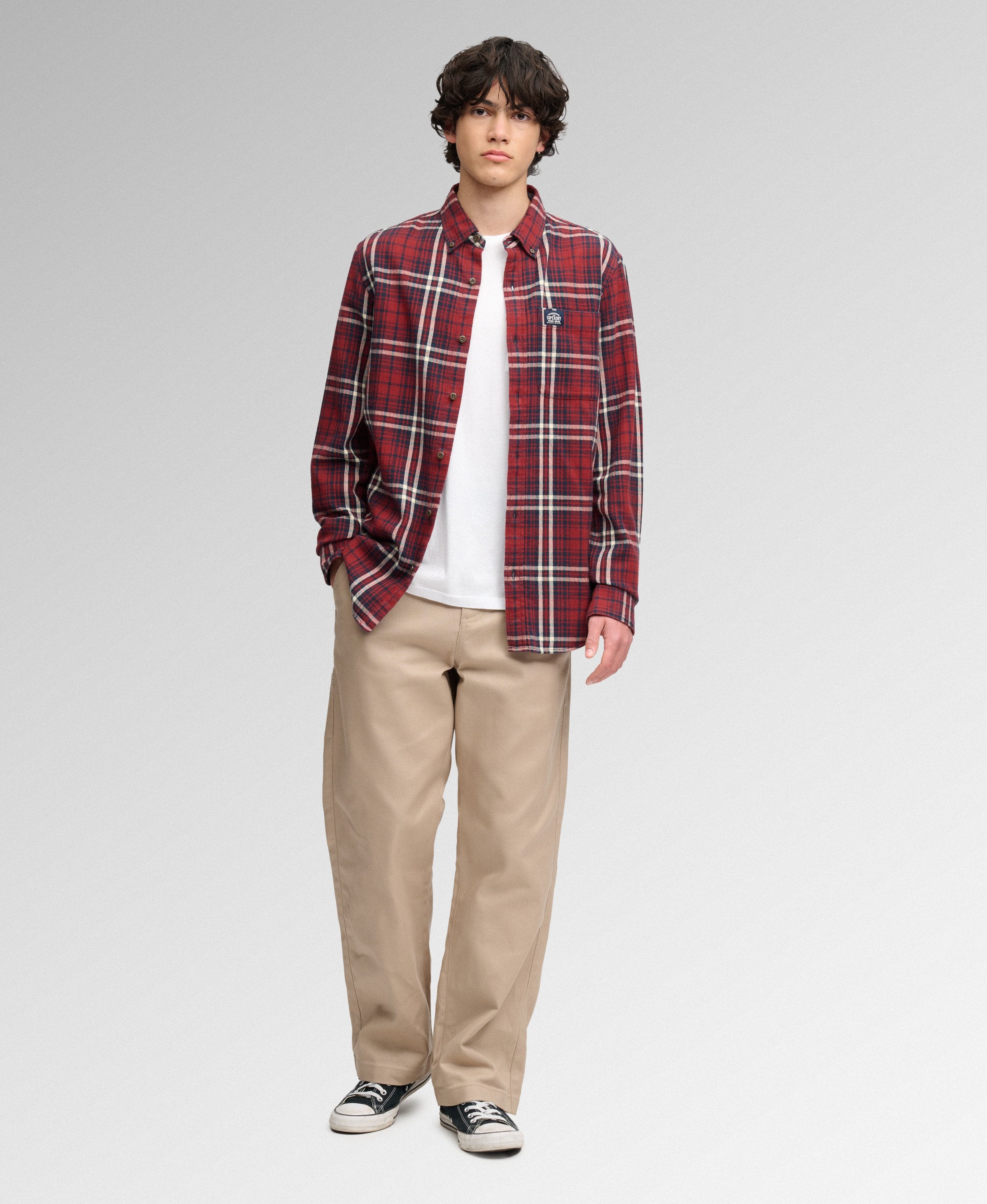 SUPERDRY Long Sleeve Cotton Lumberjack Shirt in Frontier Check Red full length model view