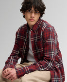 SUPERDRY Long Sleeve Cotton Lumberjack Shirt in Frontier Check Red seated model view