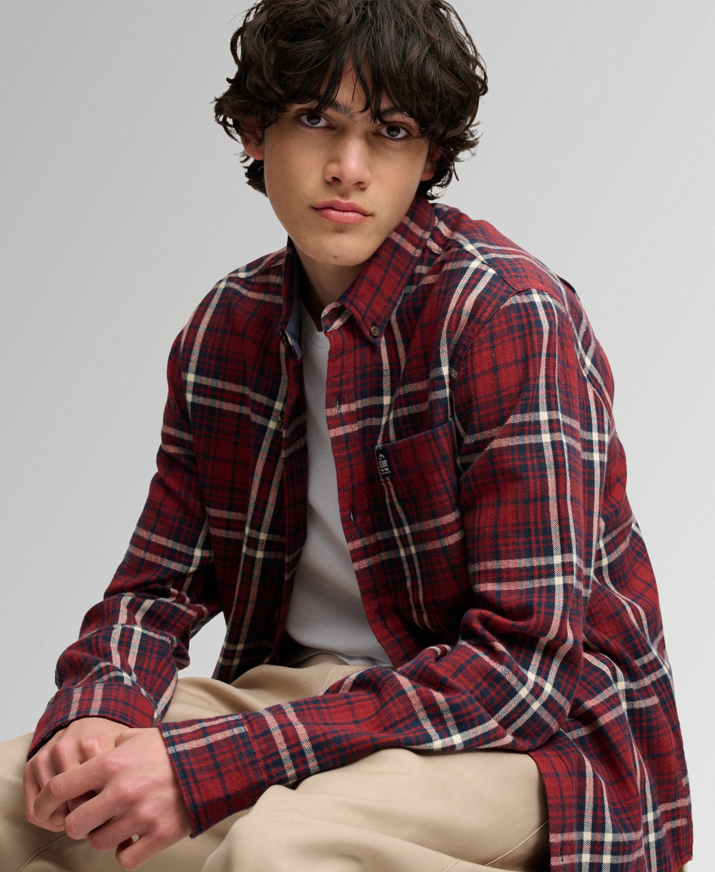 SUPERDRY Long Sleeve Cotton Lumberjack Shirt in Frontier Check Red seated model view