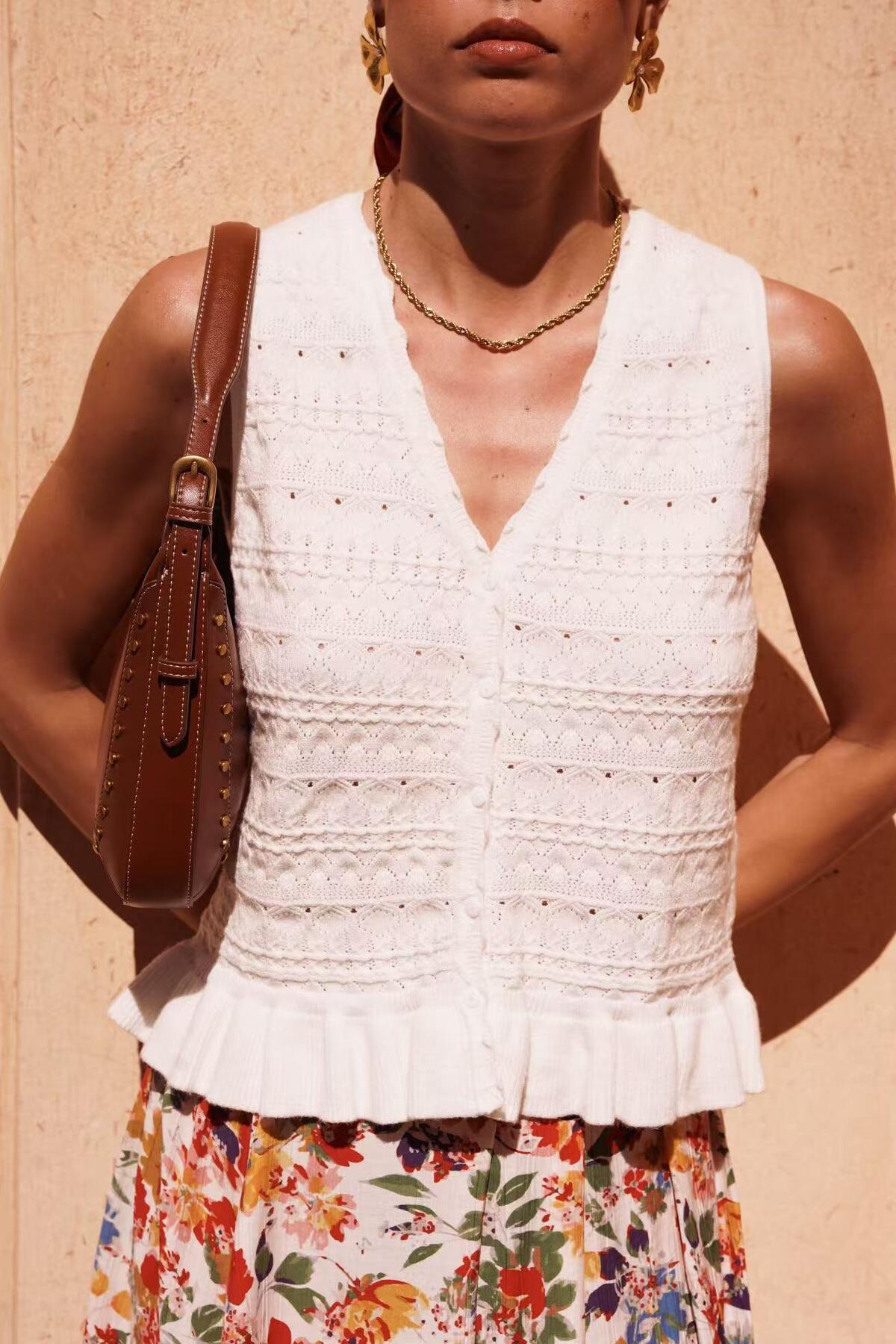 Ladies White Embroidered V-Neck Ruffle Top-Closer View