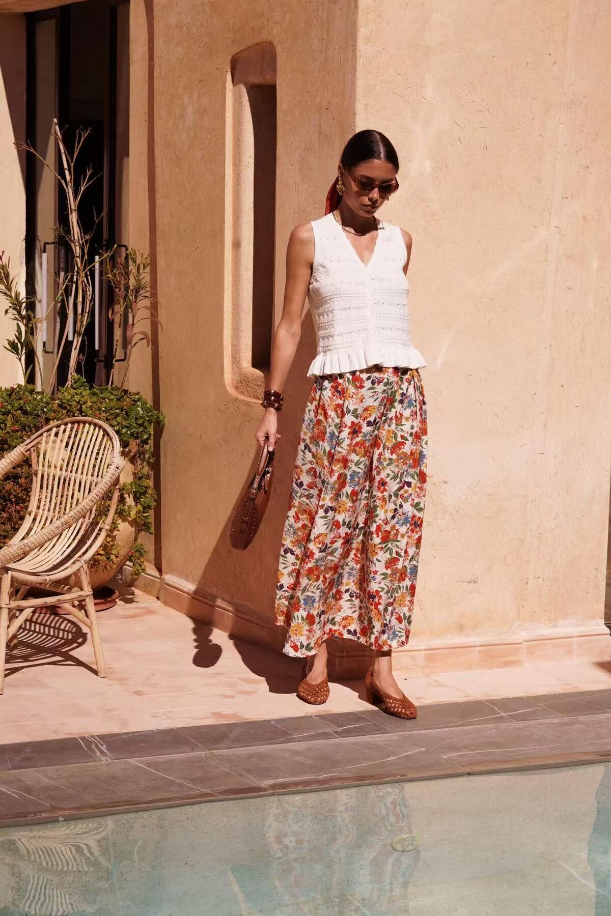 Ladies White Embroidered V-Neck Ruffle Top-Model Full Front View