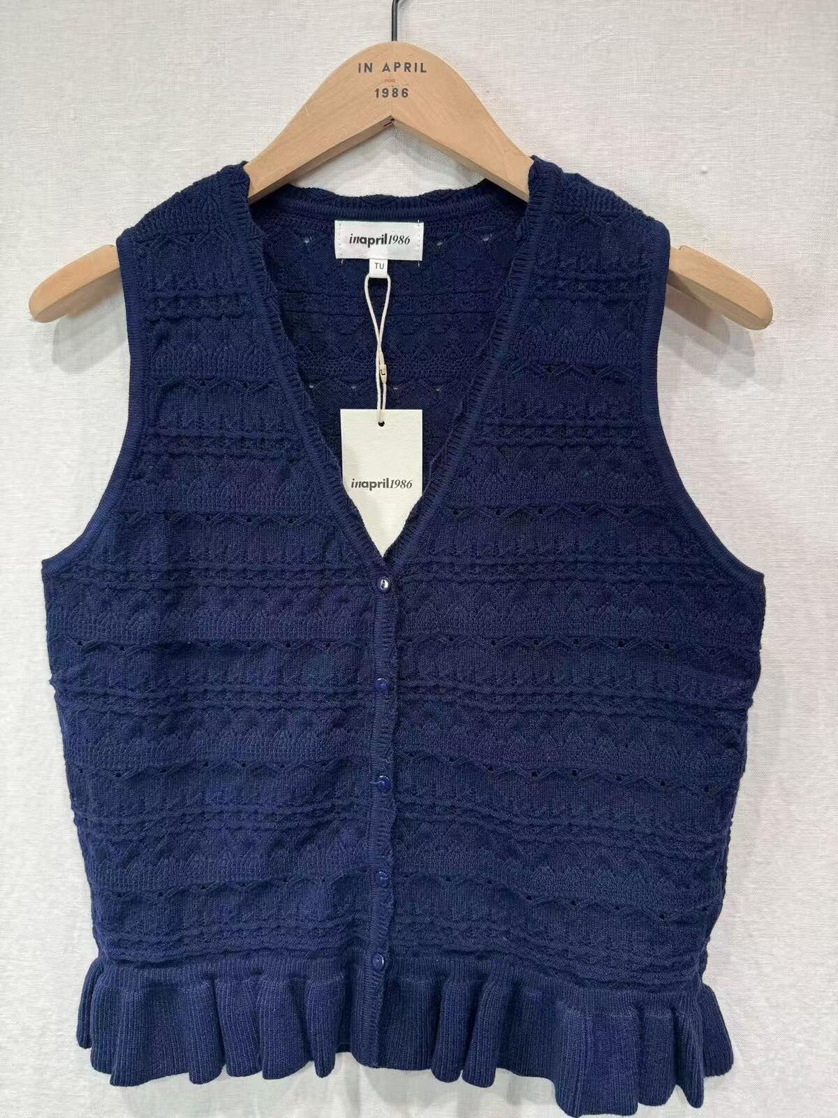 Ladies Navy Embroidered V-Neck Ruffle Top