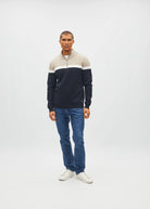 Diesel Tully Half Zip knit in Sandshore, front model view showing navy, beige and white colour panels.