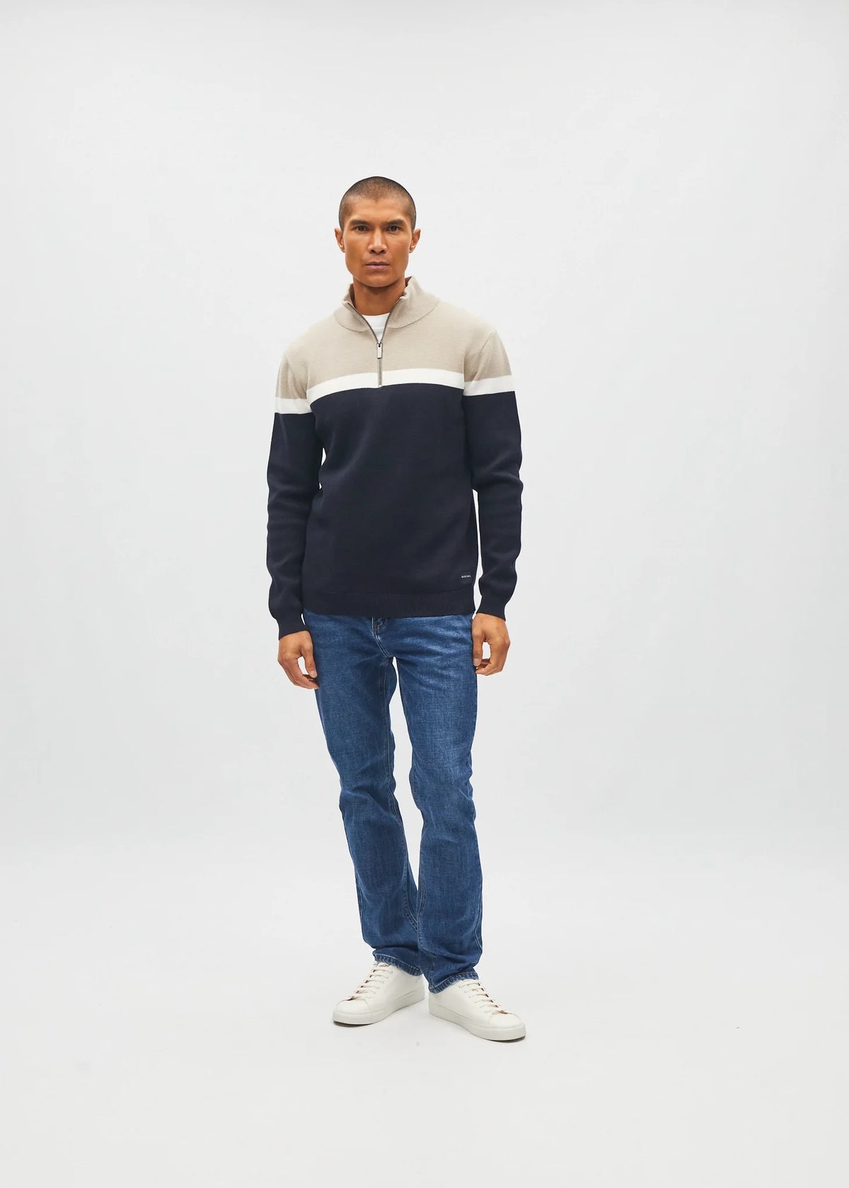 Diesel Tully Half Zip knit in Sandshore, front model view showing navy, beige and white colour panels.