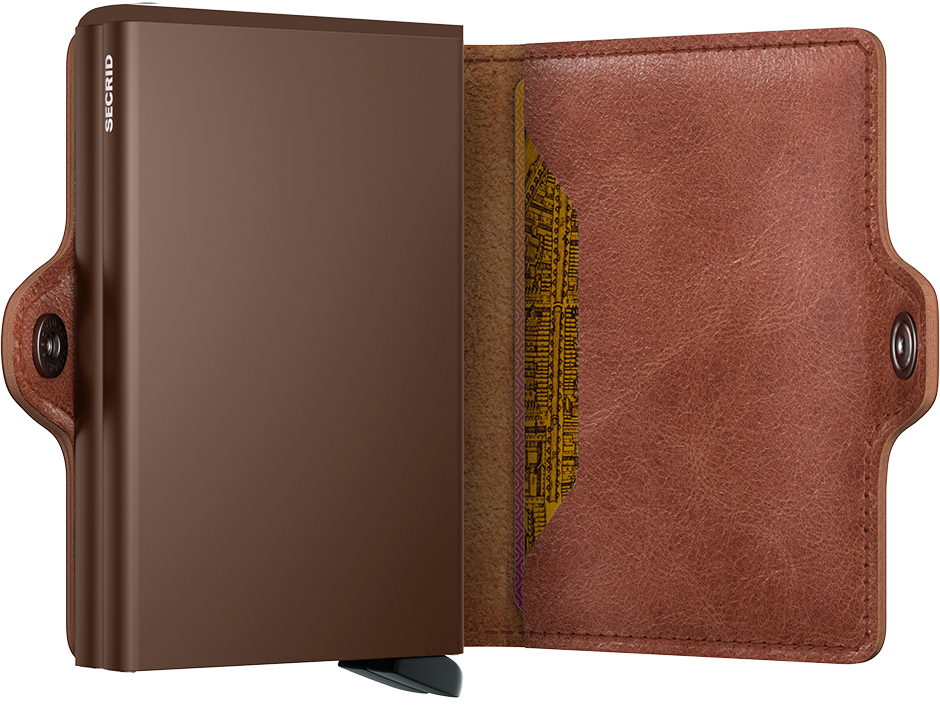 Brown leather wallet with open design showing interior and exterior