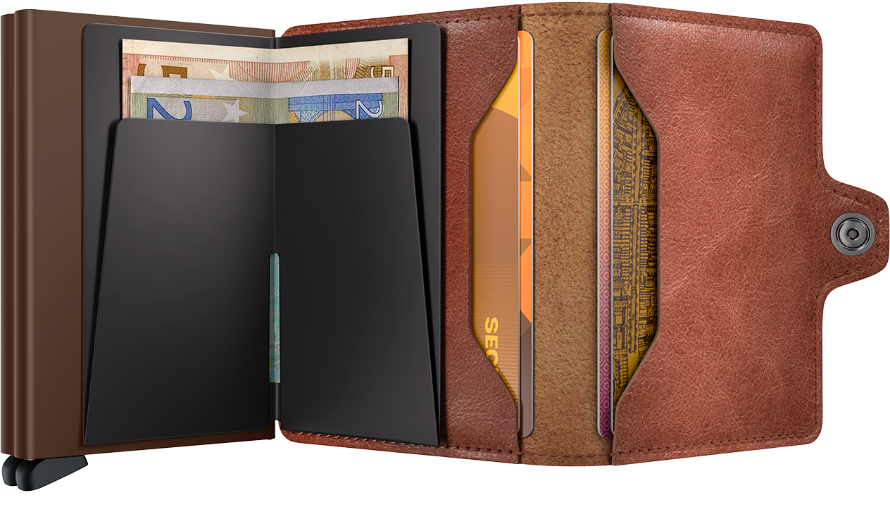 Brown leather wallet with card slots and money clip on a white background
