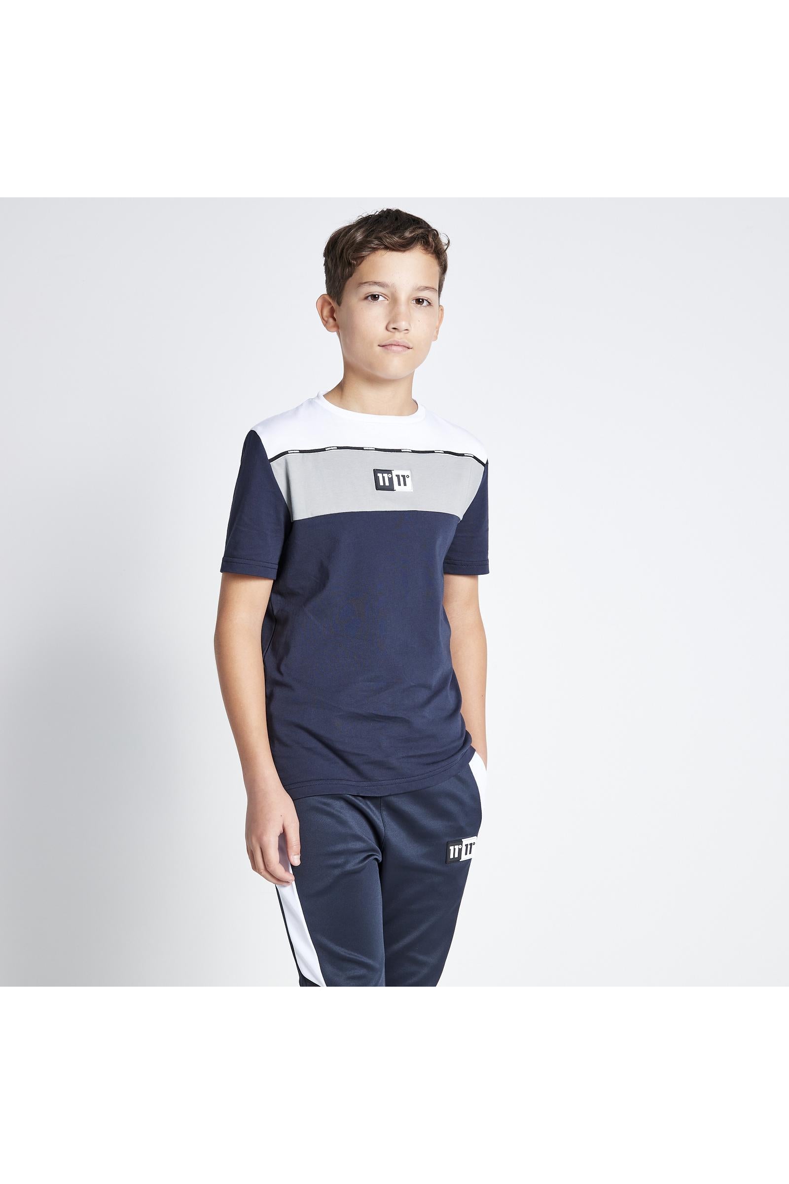 Junior Boys Colour Block Taped T-Shirt - Navy / Steel / White