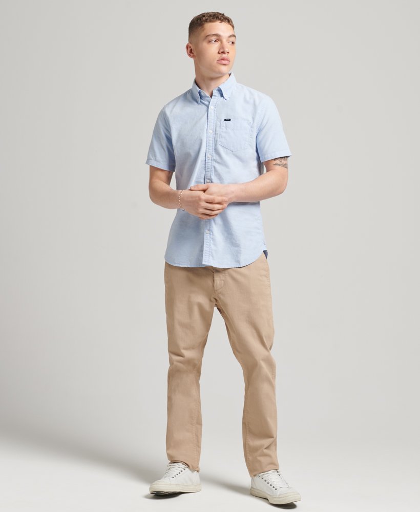 Men's Vintage Oxford Short Sleeve Shirt Classic Blue-Model Full Front View