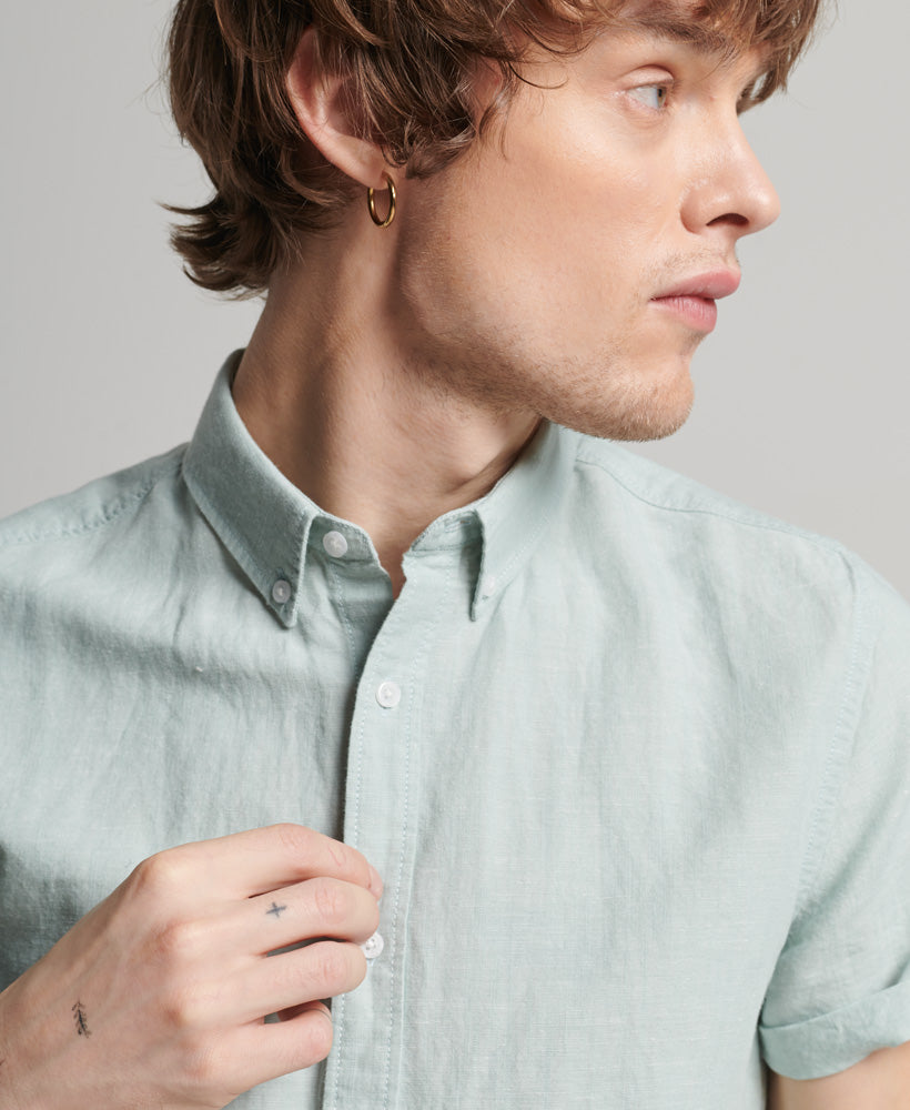 Men's Studios Linen Short Sleeve Blue Surf Shirt-Collar View