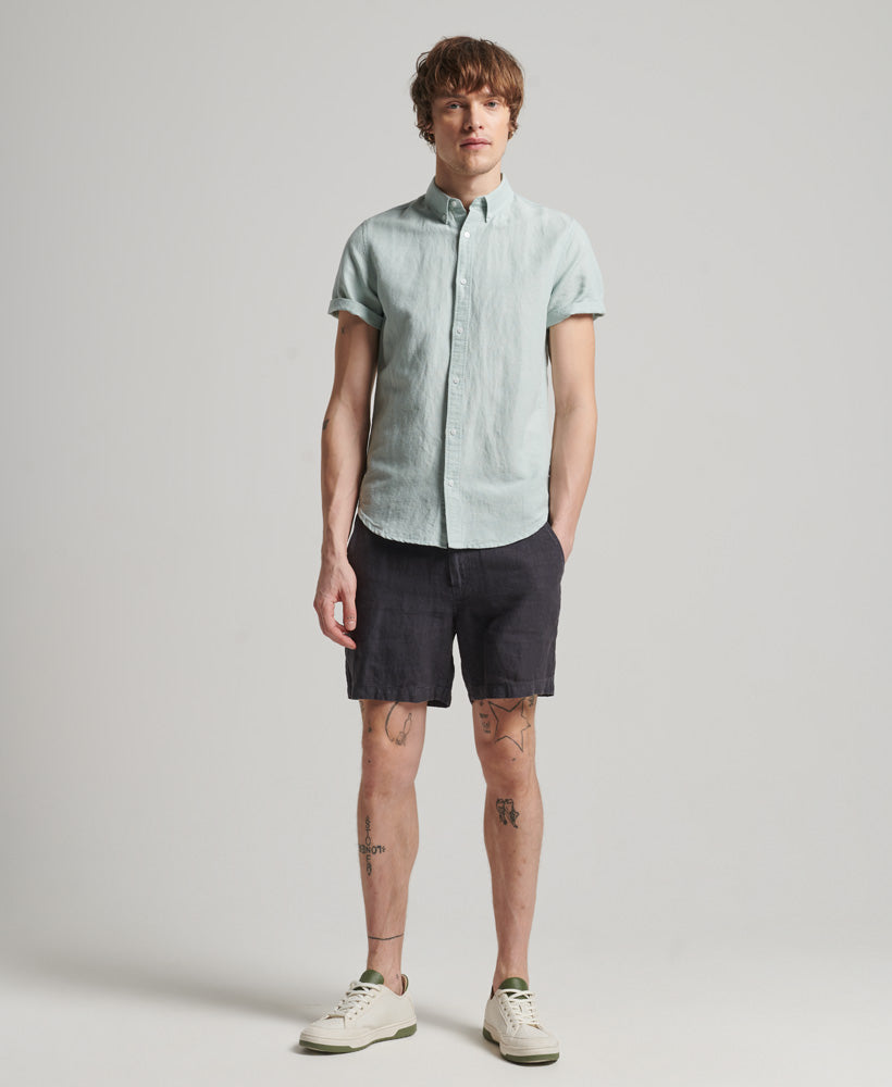 Men's Studios Linen Short Sleeve Blue Surf Shirt-Full Model ront View
