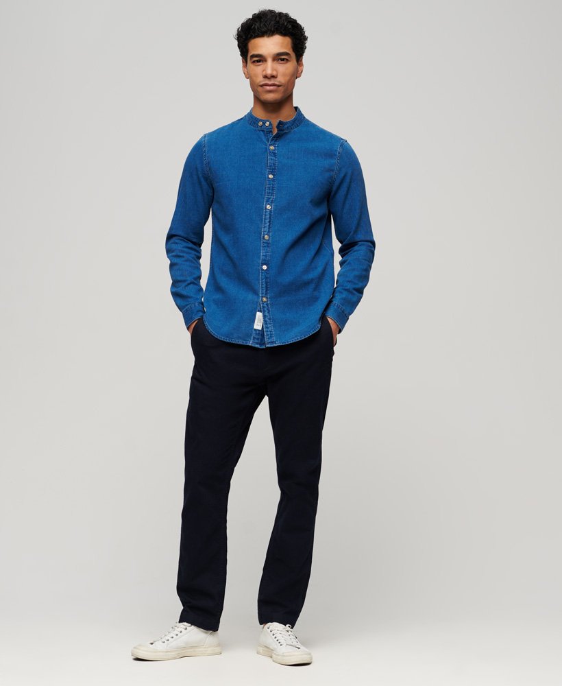 Men's Merchant Grandad Indigo Shirt-Heavy Rinse-Model Full Front View