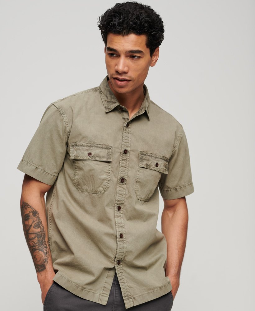 Men's Military Short Sleeve Shirt-Light Khaki Green-Front View