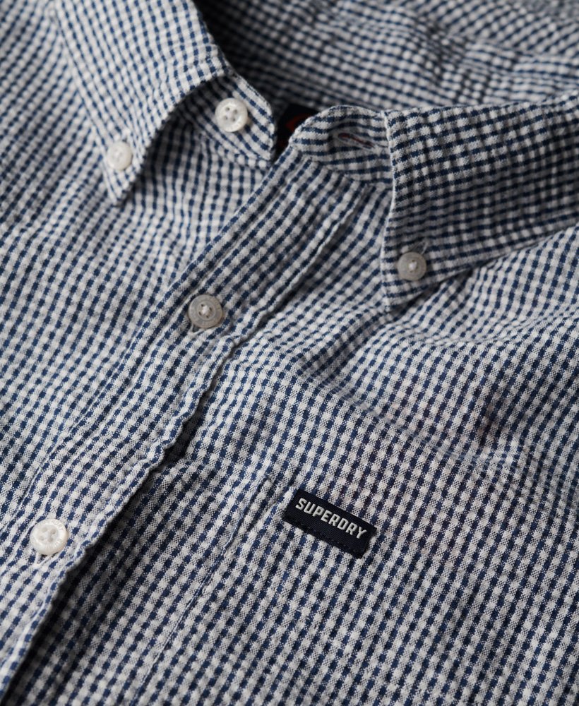 Seersucker Short Sleeve Shirt-Navy Gingham-Collar detail