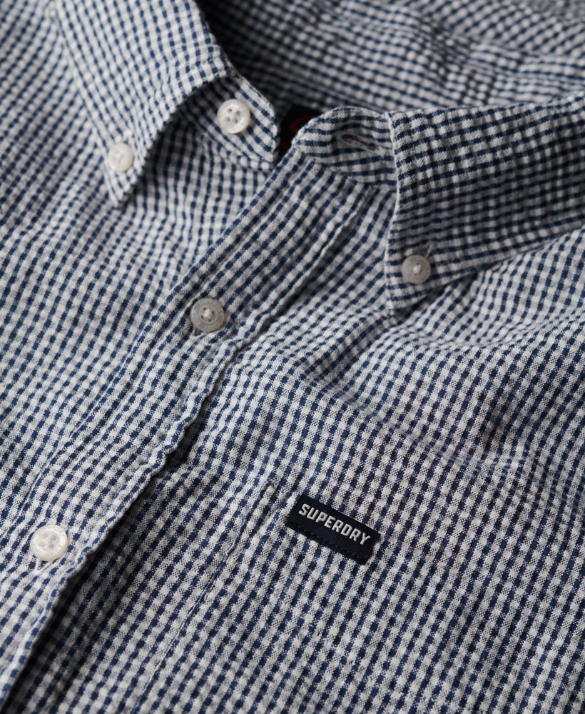 SUPERDRY Seersucker Short Sleeve Shirt-Navy Gingham Navy Gingham model front view