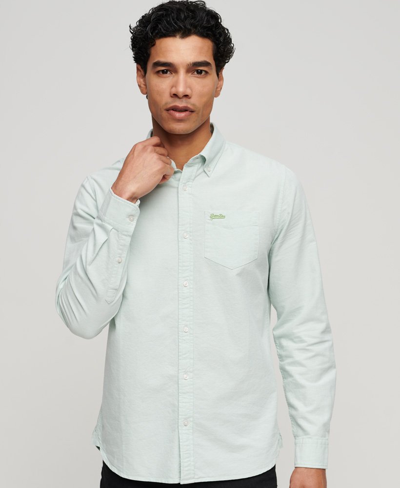 Men's Cotton Long Sleeve Oxford Shirt-Light Green-Model Front View