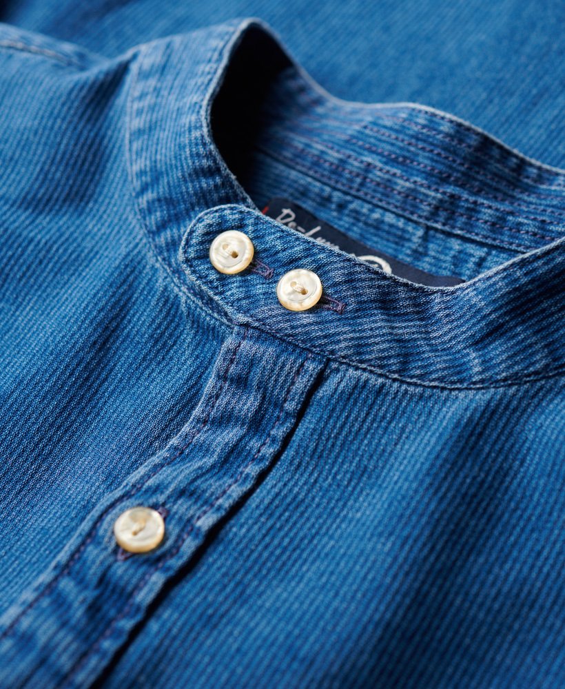 Men's Merchant Grandad Indigo Shirt-Heavy Rinse-Collar View