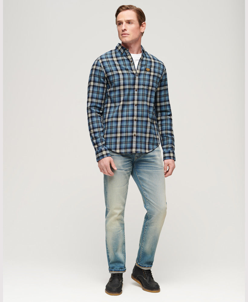 Men's Long Sleeve Cotton Lumberjack Shirt-Burghley Check Blue-Model Full Front View