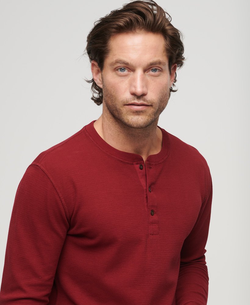 Waffle Long Sleeve Henley Top-Stanton Red-Close up view