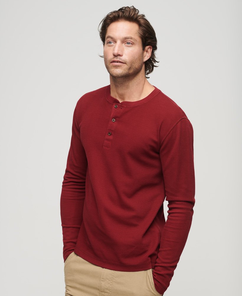 Waffle Long Sleeve Henley Top-Stanton Red