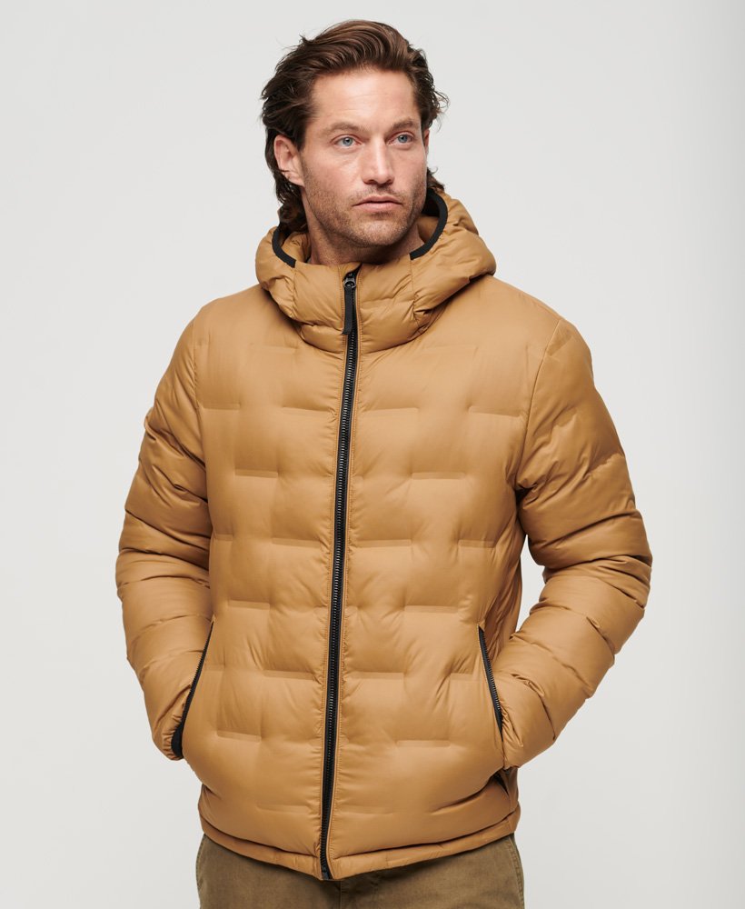 Short Quilted Puffer Coat-Dark Tobacco Brown-Zip closed view