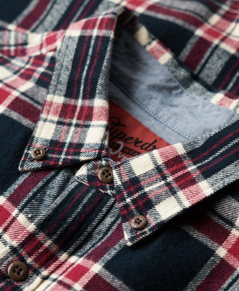 Men's Long Sleeve Cotton Lumberjack Shirt-Kansas Check Navy-Collar View