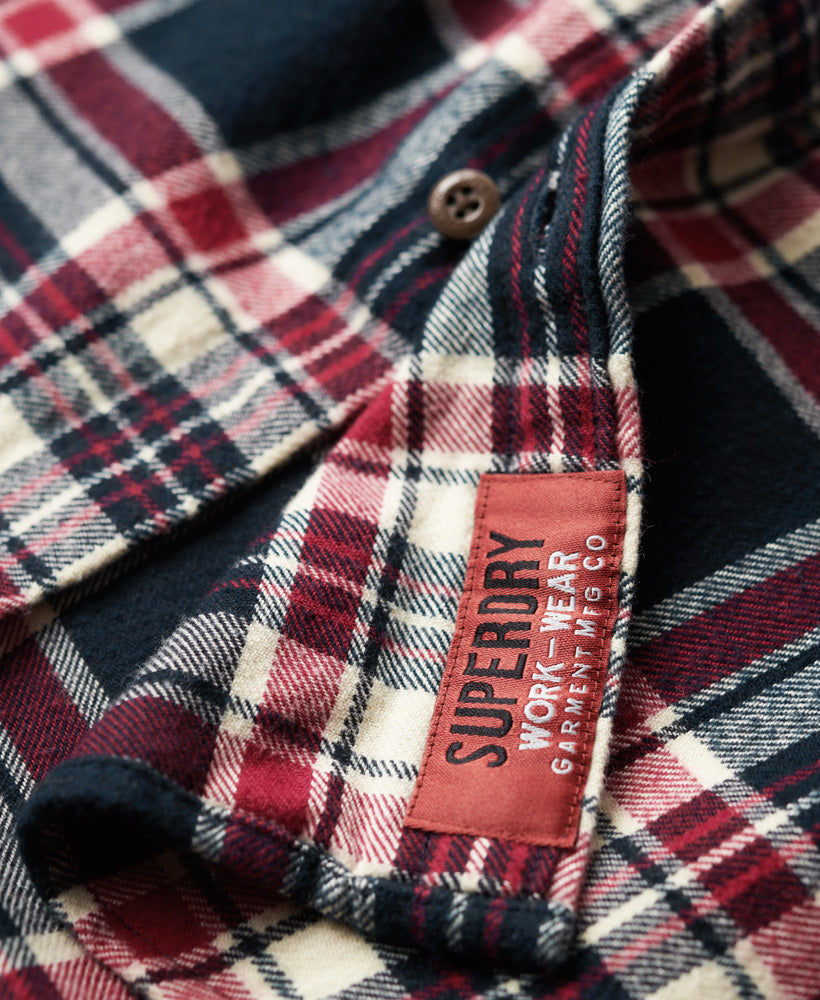 Men's Long Sleeve Cotton Lumberjack Shirt-Kansas Check Navy-Tab Logo View
