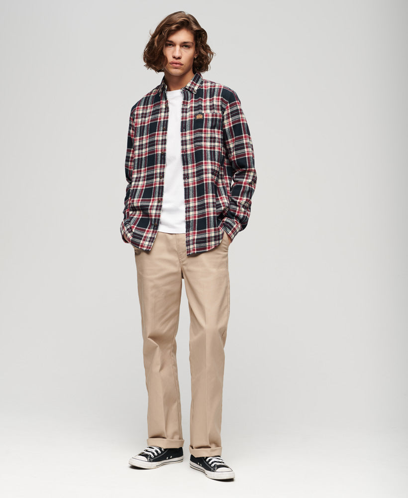 Men's Long Sleeve Cotton Lumberjack Shirt-Kansas Check Navy-Model Full Front View
