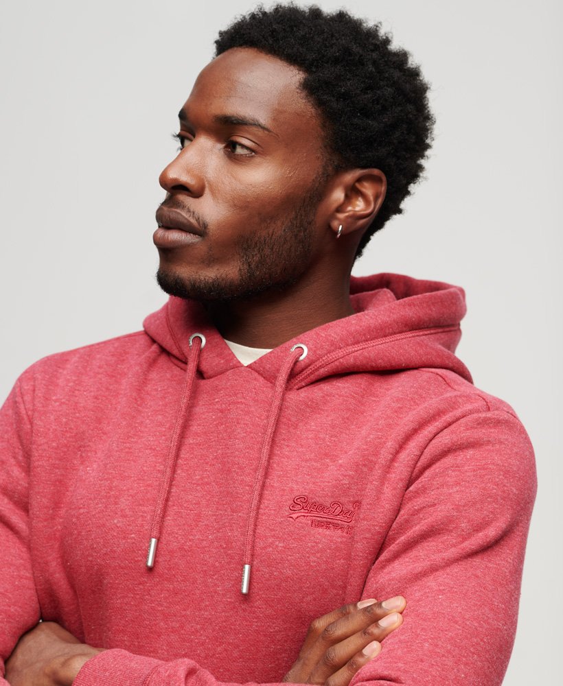 Men's Essential Logo Hoodie-Berry Red Marl-Close Up View of Front