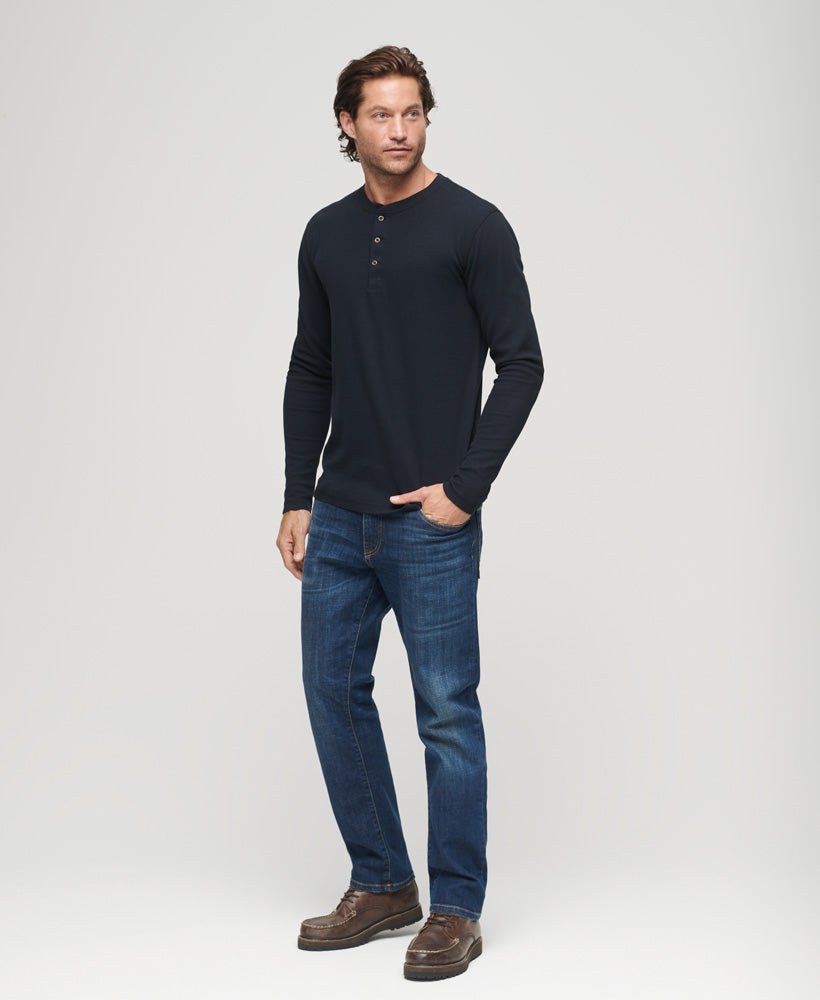 Men's Waffle Long Sleeve Henley Top-Eclipse Navy-Model Full Front View